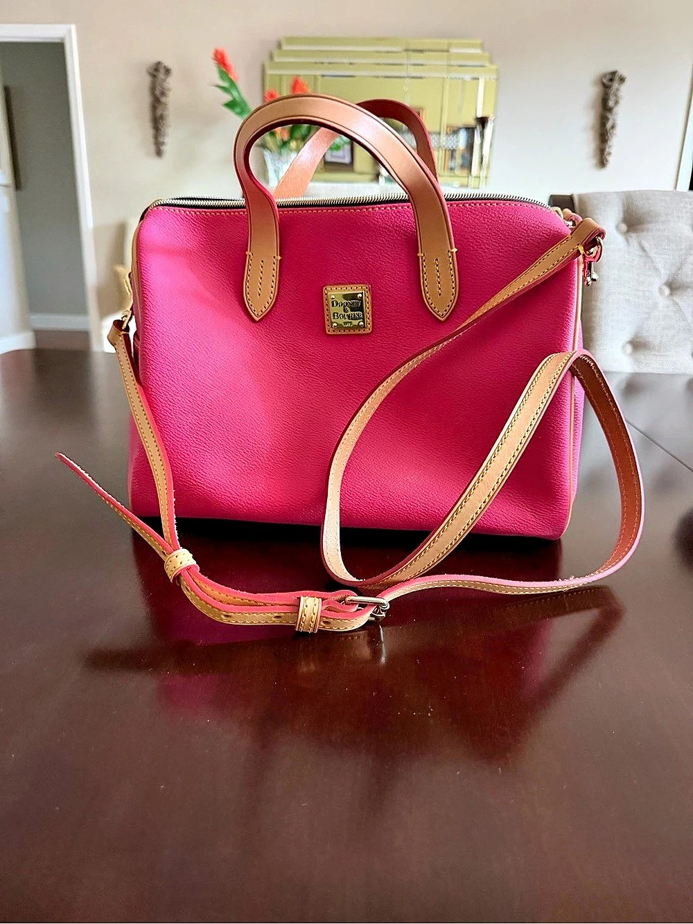 Dooney & Bourke Hot Pink Pebble Grain Leather Satchel Bag with Tan Trim